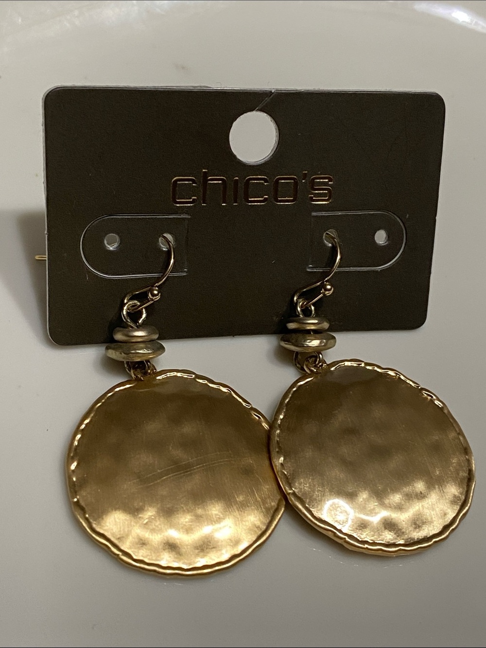 Chico's Shiny Gold Hammered Circle Drop Earrings